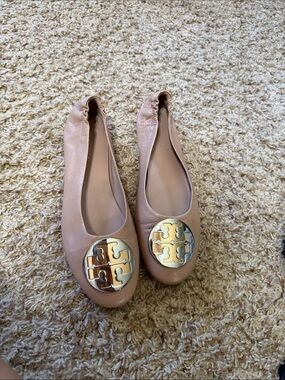 Tory Burch Pink-Tan Leather Ballet Flats with Gold Logo